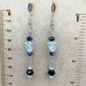 Black & Clear Facet Cut Crystal Bead Handmade Pierced Earrings LA108